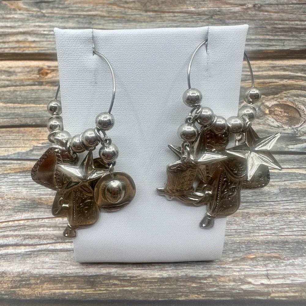 Western Charm Hoop Earrings Silver Tone Cowboy Boots Saddle Stars Statement Gift
